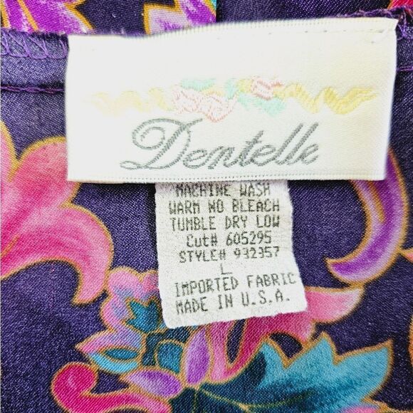 Vintage '70s Dentelle Purple Floral Print Kimono Robe Nightgown Dressing Gown L - Picture 8 of 9